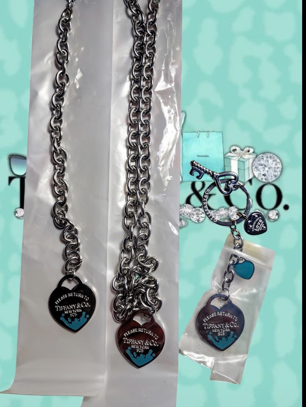 🩵*3 T All Day Set Silver Blue Oil Drip Engraved Bracelet,Necklace,Keychain🩵